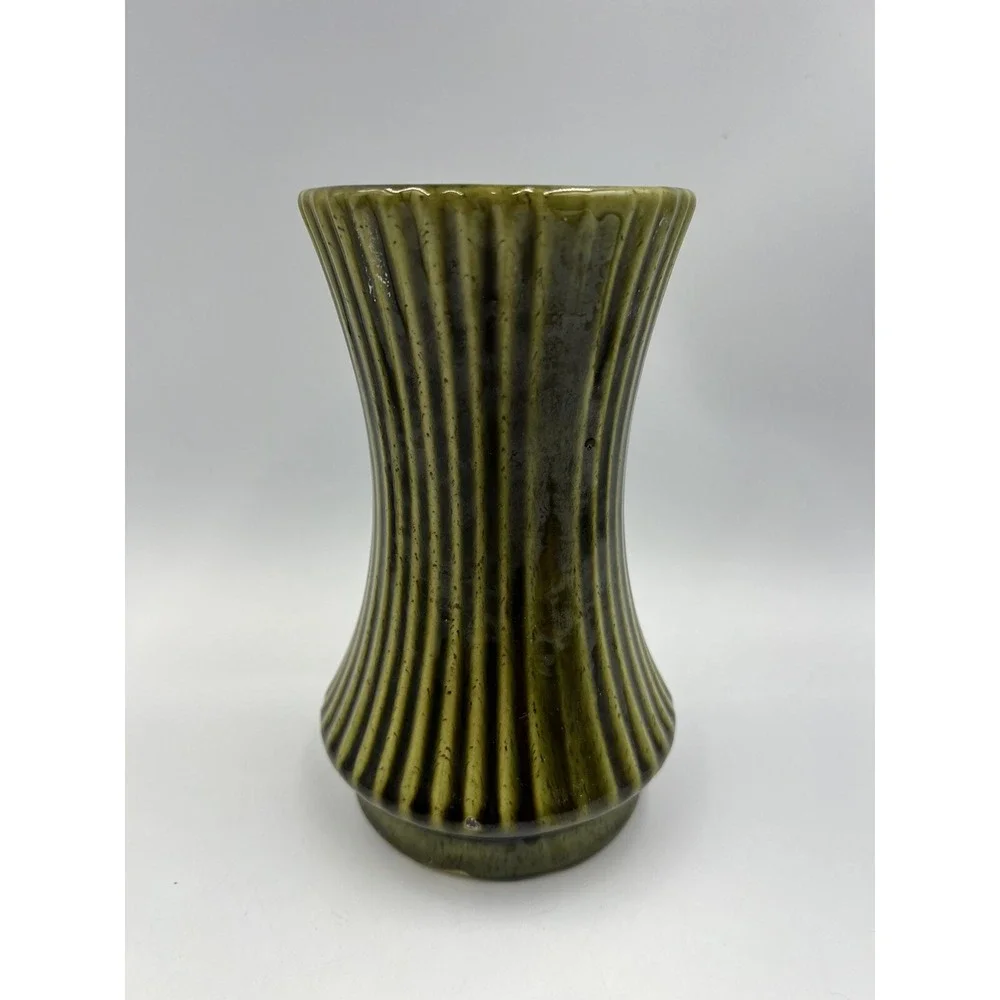 Vintage UPCO Ribbed Green Vase Mid Century Modern Farmhouse Decor Pottery